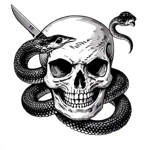 Snake Wrapped Around A Skull With A Knife In The Top Of The Skull