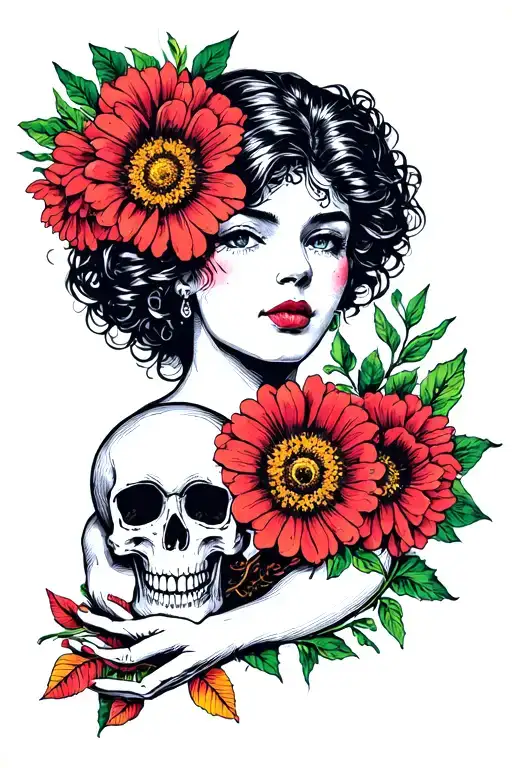 Woman With Flowers And A Skull In Her Hand