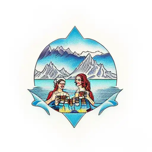 Three Women Holding A Beer Chalace In The Middle Of A Lake With A Mountain Backdrop