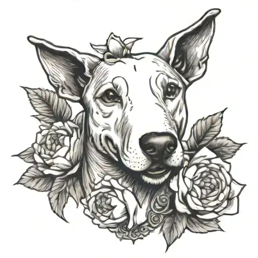 Bull Terrier With Grin And Peonies