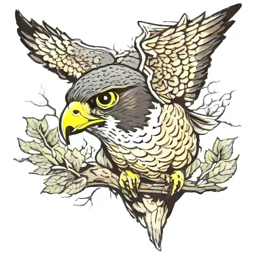 Peregrine Falcon Head Faded Into A Mountain Landskape Large Tree Right Side With A Large Hole In