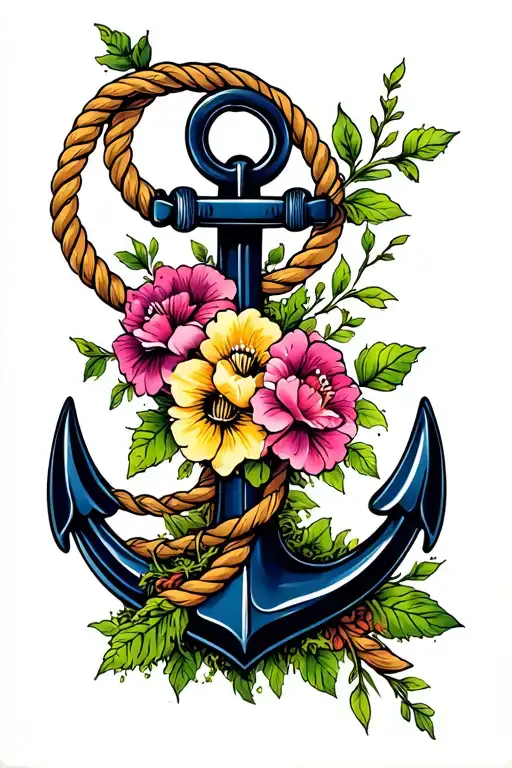 Anchor With Rope And Flowers And Moss