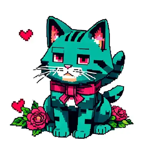 Minecraft Cat Sitting With Minecraft Hearts And Flowers