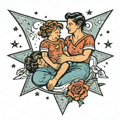 A Traditional Tattoo Of A Mother And Sons Holding Hands Under A Star-filled Sky