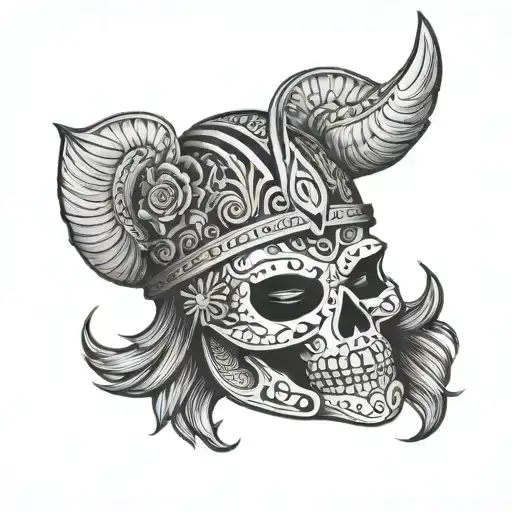 Mexican Day Of The Dead Viking Helmet With Intricate Black-grey Shading
