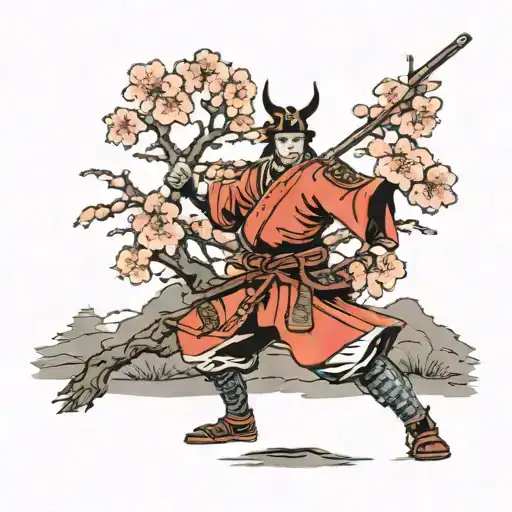 A Samurai Warrior Standing In Front Of A Traditional Japanese Cherry Blossom Tree