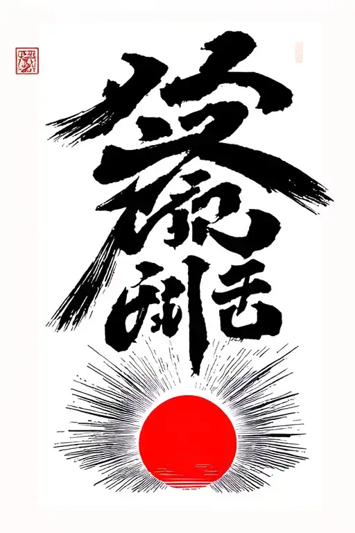 A Line Of Kanji Characters Upwards With An Image Of A Red Rising Sun At The Bottom