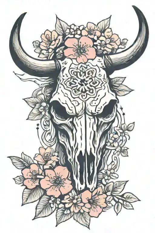 Longhorn Bull Skull With Cherry Blossom Flowers