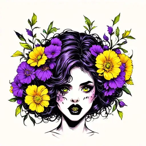 Woman Pitch Black Eyes Sharp Teeth Purple And Yellow Flowers Tangled In Her Hair To Signify Madness