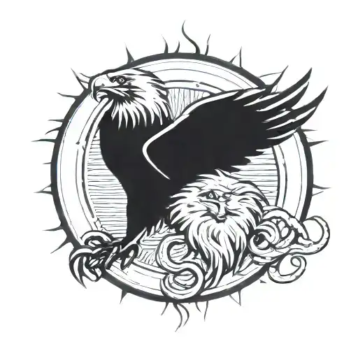 A Lion And An Eagle Conected By A Snakes Body Curling Around Sun