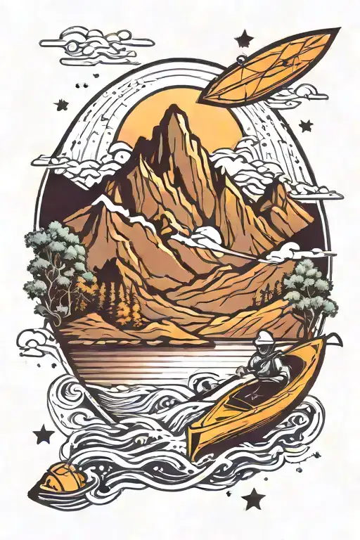 Kayak On A River With Mountains And The Night Sky In The Background Turning Into Galaxy