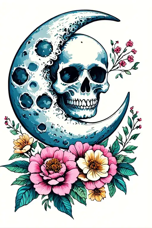 Moon With A Skull And Flowers