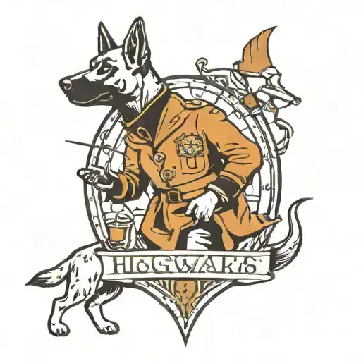 A Traditional Style Tattoo Of A Dog Trainer Commanding A Pack Of Belgian Malinois In Hogwarts Robes