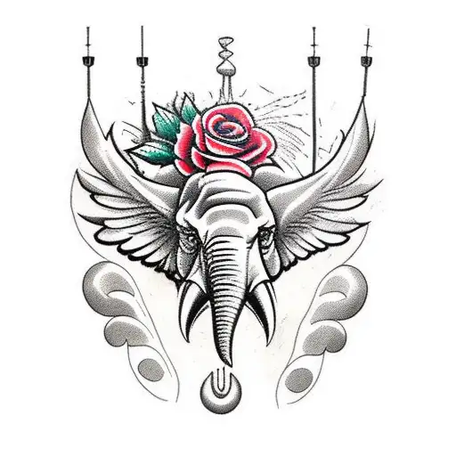 Eagle Head With Elephant Head And Fishing Pole And Rose And Marigold And Whisk