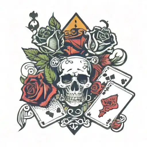 3 Playing Cards With 2 Dice In Front And Roses Placed Around