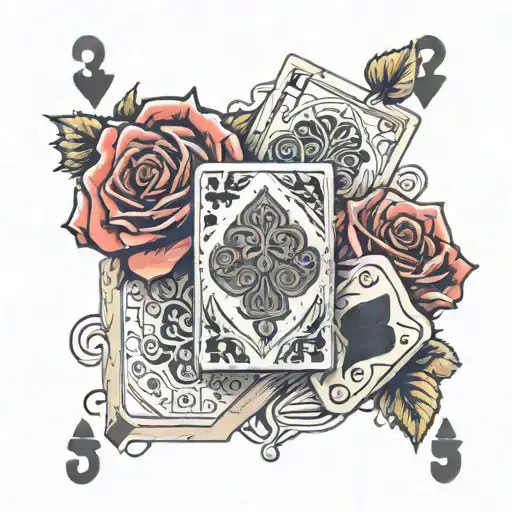 3 Playing Cards With 2 Dice In Front And 3 Roses Around