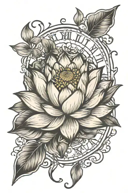 Lotus Flower With Time And Above It Design