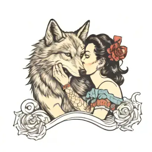 Woman Kissing Wolf On The Mouth