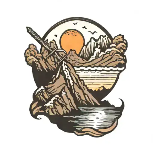 A Crescent Moon Rising Over A Mountain Peak With A Sword Piercing Through It