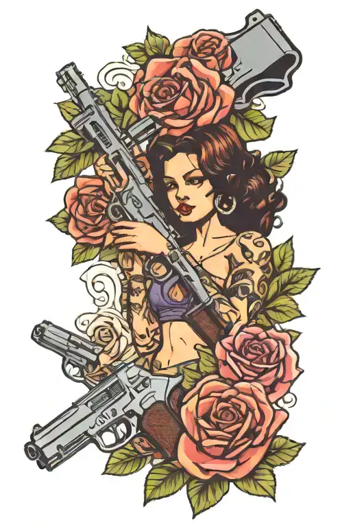 Cover Up For A Chicana Girl Tattoo Holding Guns In Hand Surrounded By Roses Made Of Money Bills