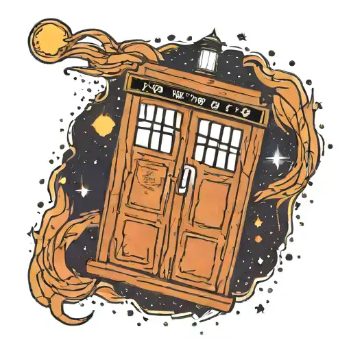 A Traditional Tattoo Of The Tardis Materializing In A Galaxy Filled With Twinkling Stars