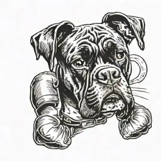 Black And White Boxer Dog With Boxing Gloves On His Front Paws