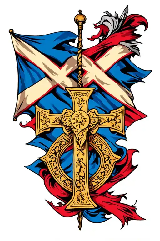 Scottish Flag And A Cross Surrounded