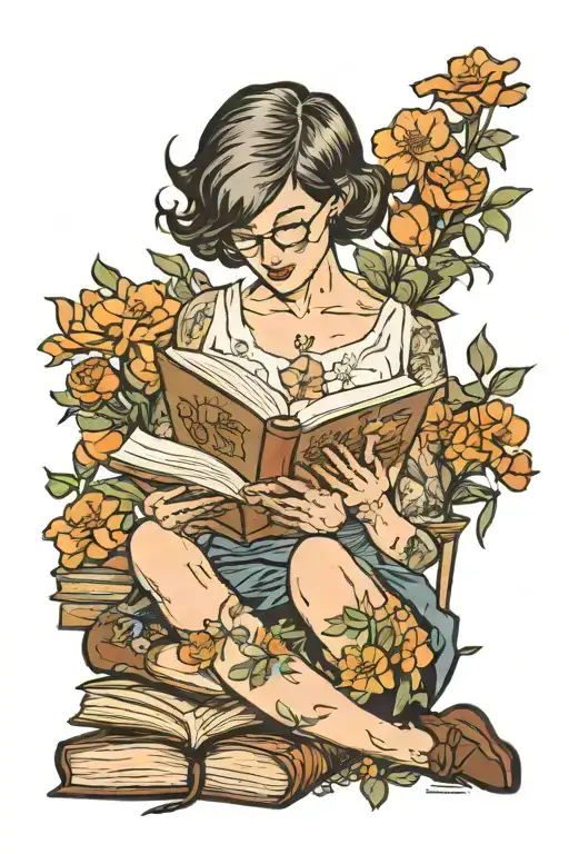 Women Reading A Book Siting In Some Books With Flowers Around Short Hair