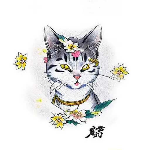A Traditional Japanese-style Tattoo Of A Cat Sitting Under A Blooming Sakura Tree