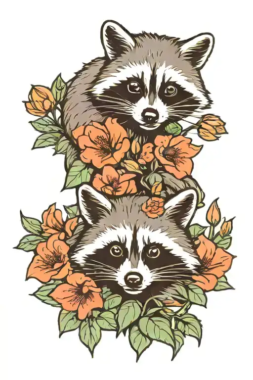 Two Raccoons Surrounded By Poppys And Lily Of The Valleys