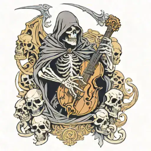 An Anime-style Grim Reaper Playing A Deathcore Concert On A Stage Made Of Skulls