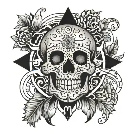 Circular Mandala Design Incorporating Speed Skull In The Middle Black And Grey