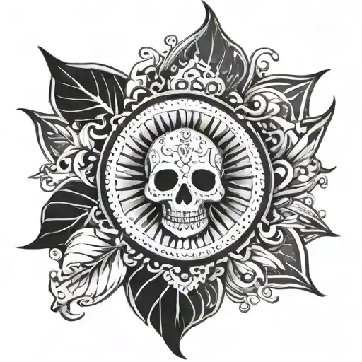 Circular Mandala Design Incorporating Speed Skull In The Middle Black And Grey