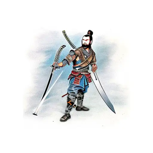 Swordsman With One Samurai Sword In Each Hand And Holding Another In The Mouth