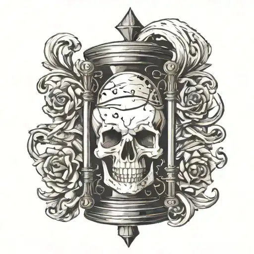 Tempus Fugit Broken Hourglass Which's Sand Runs Out Into A Skull