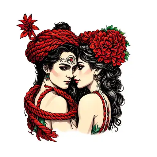 Male And Female Habd Bonded By Red Rope