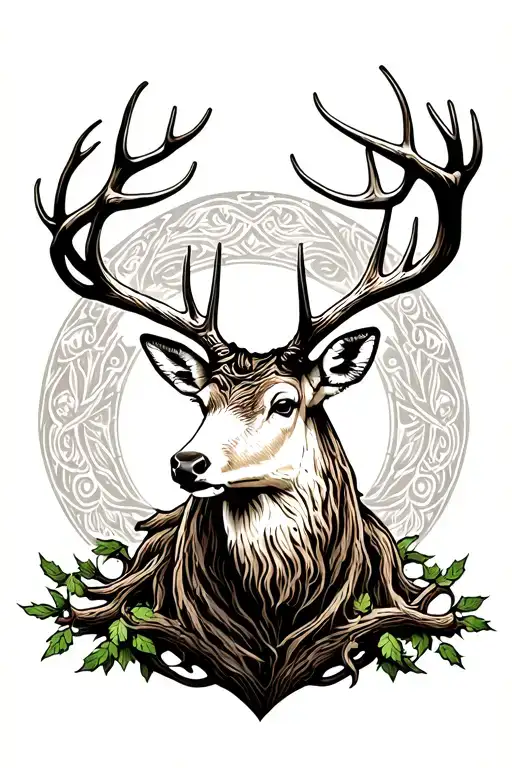 Stag Head In Tree Intertwined