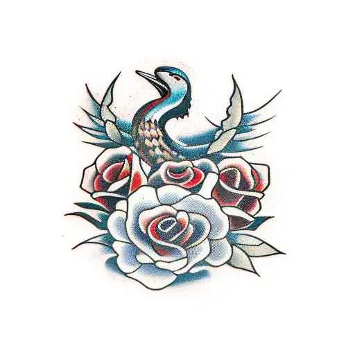 Oldschool Swallow With 2 Little Oldschool Red Roses Around It