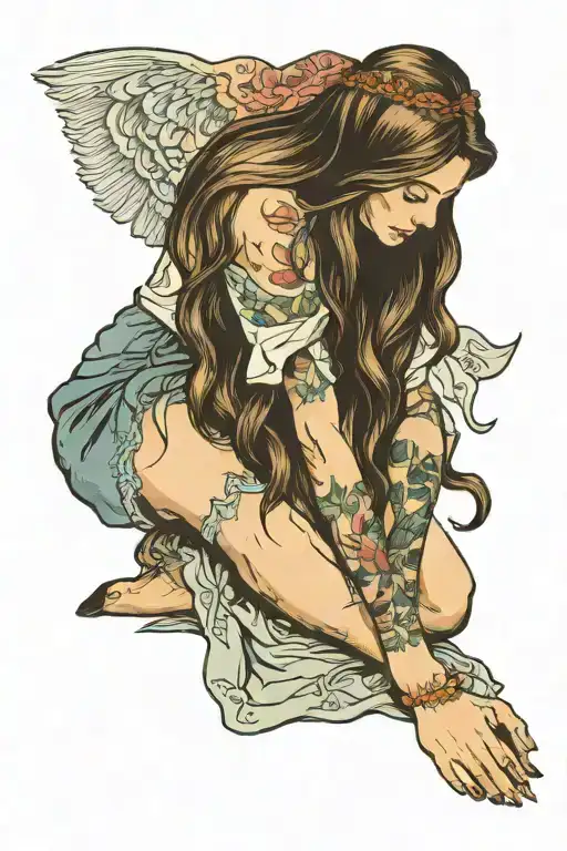 A Woman With Long Hair Bowing Her Head And Begging On Her Knees