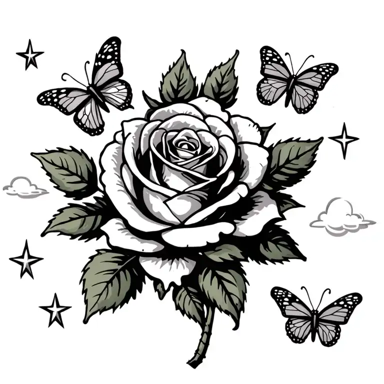 A Rose With Leaves And 4 Butterflies With Stars And Fluffy Clouds In The Background