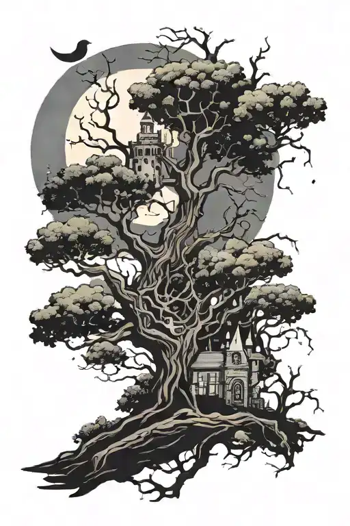 Poison Tree With Castle In The Back And A Full Moon