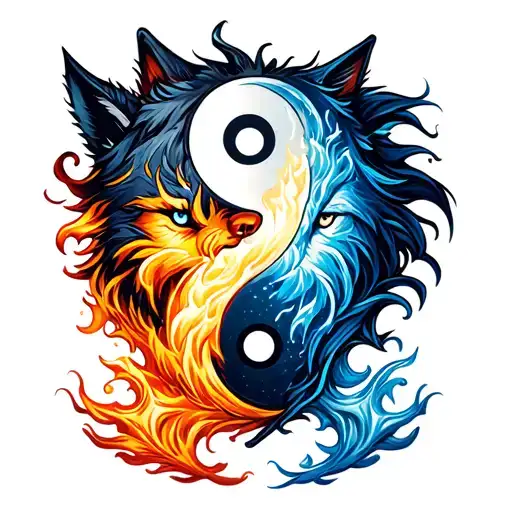 Ying Yang With Wolves One Made Of Fire One Made Of Ice