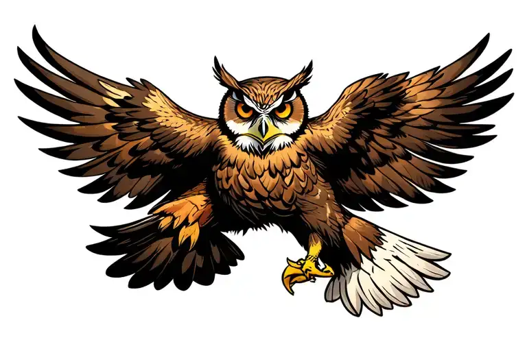 Owl With And Eagle On Both Sides