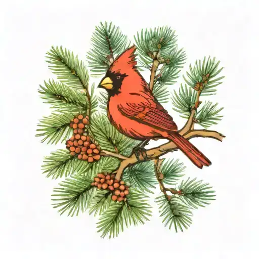 Cardinal On Pine Tree Branch