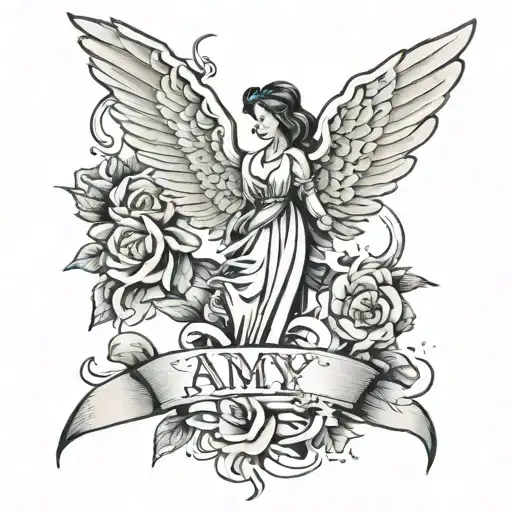 Amy Lou Name Written Across Angel Simple Tattoo Design
