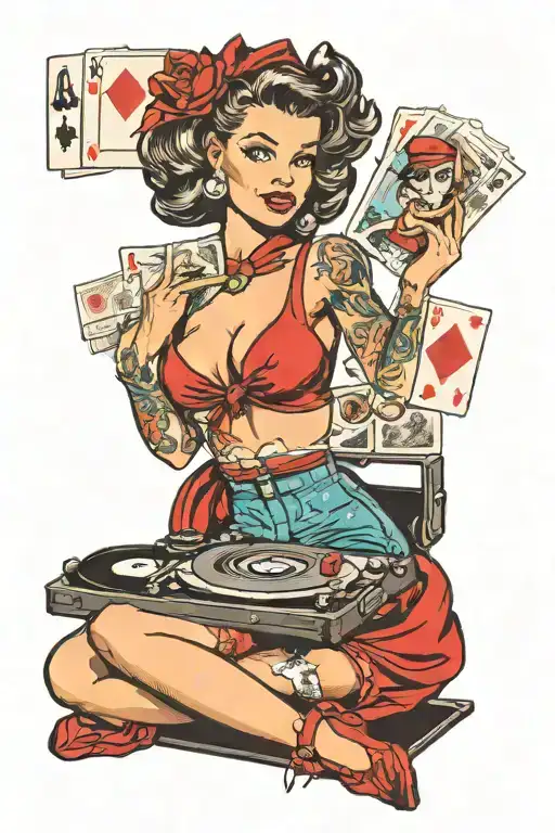 A Pin-up Girl Holding Card And Sitting On A Turntable