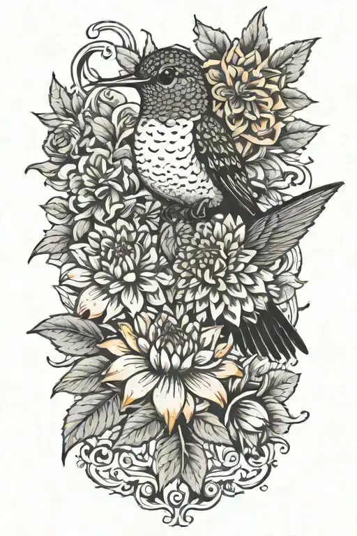 One Hummingbird Perched On Bouquet Of One Orange Dahlia And One Red Dahlia