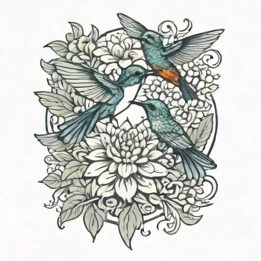 One Hummingbird Perched On Bouquet Of One Orange Dahlia And One Red Dahlia