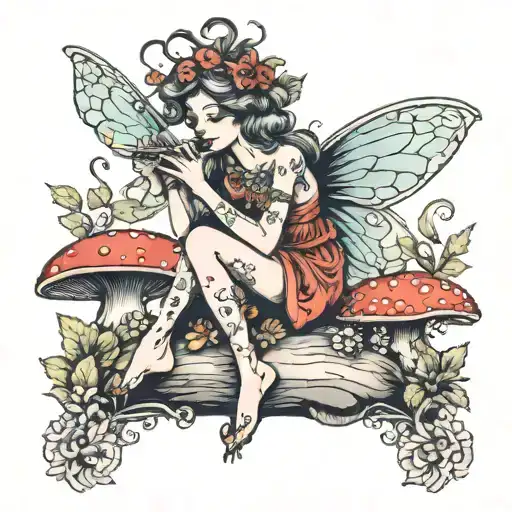 A Traditional Style Tattoo Of A Fairy Sitting On A Mushroom Playing A Flute
