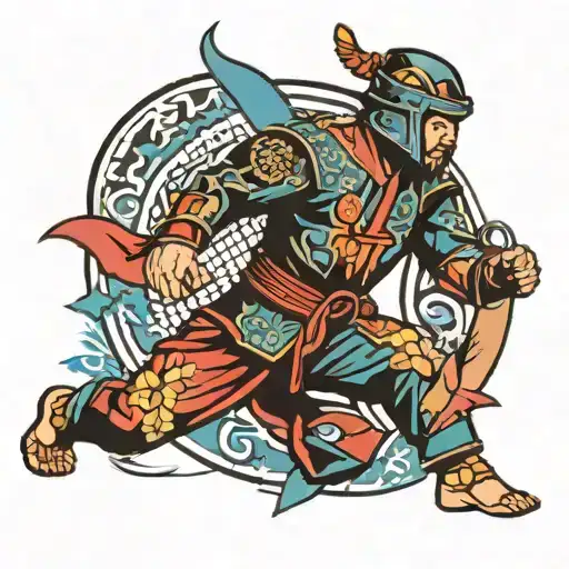 A Tattoo Design Of A Traditional Martial Arts Warrior Surrounded By Patchwork Elements